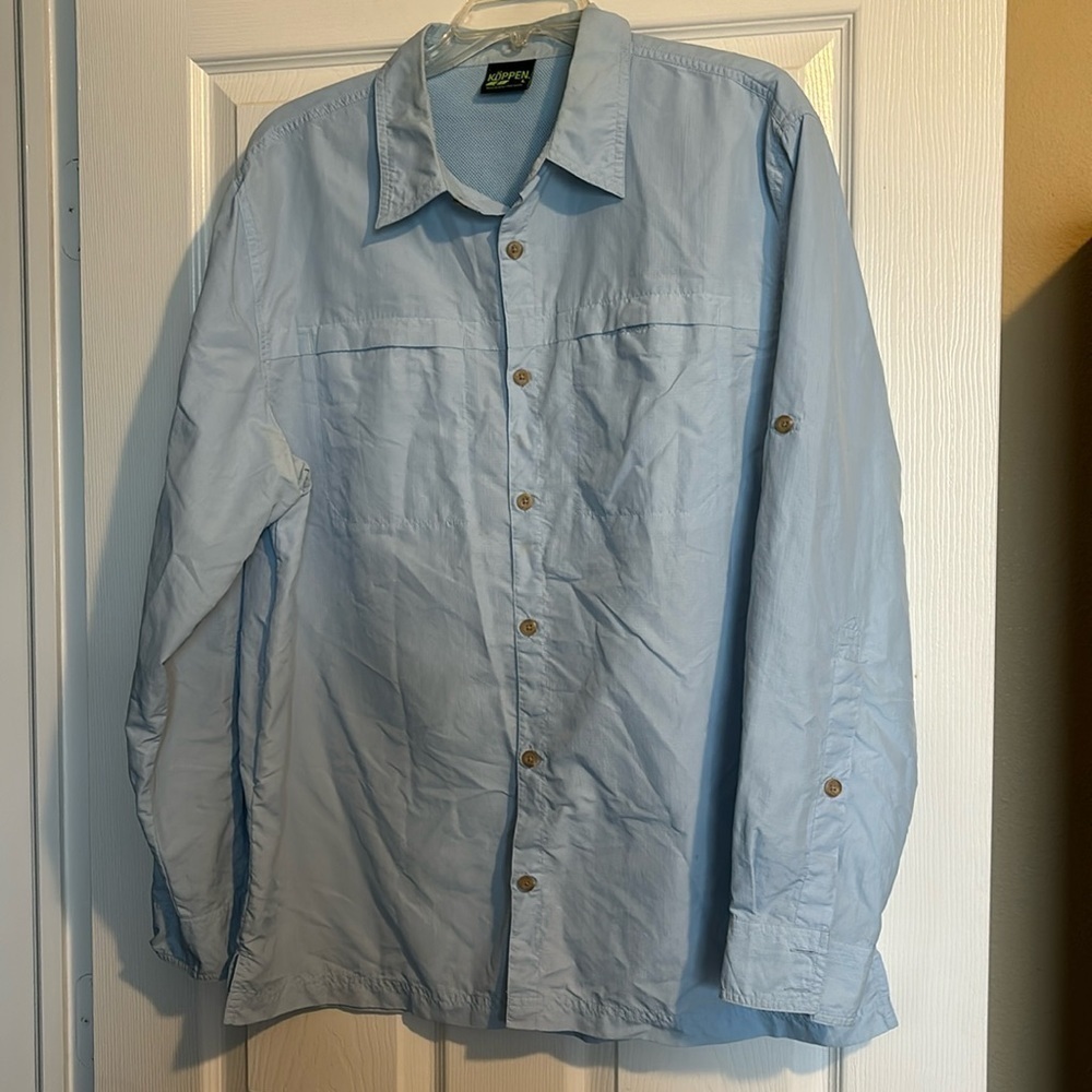 Koppen men’s blue nylon long sleeve button down shirt size large